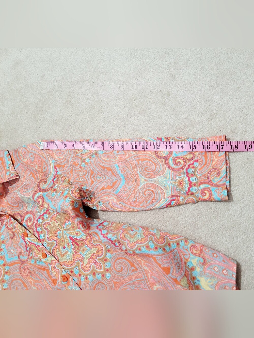 Chico's Size Small 100% Linen Paisley Button Front Shirt Coral Blue 3/4 Sleeve - Picture 11 of 13